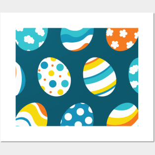 Egg Pattern | Blue Yellow Orange | Stripes Clouds Flowers Dots | Dark Blue Posters and Art